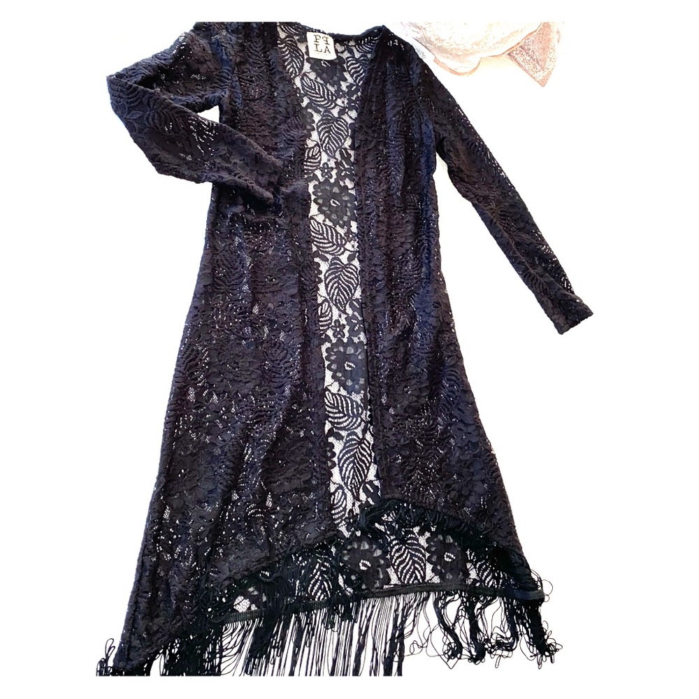 Boho Black lace and fringe kimono